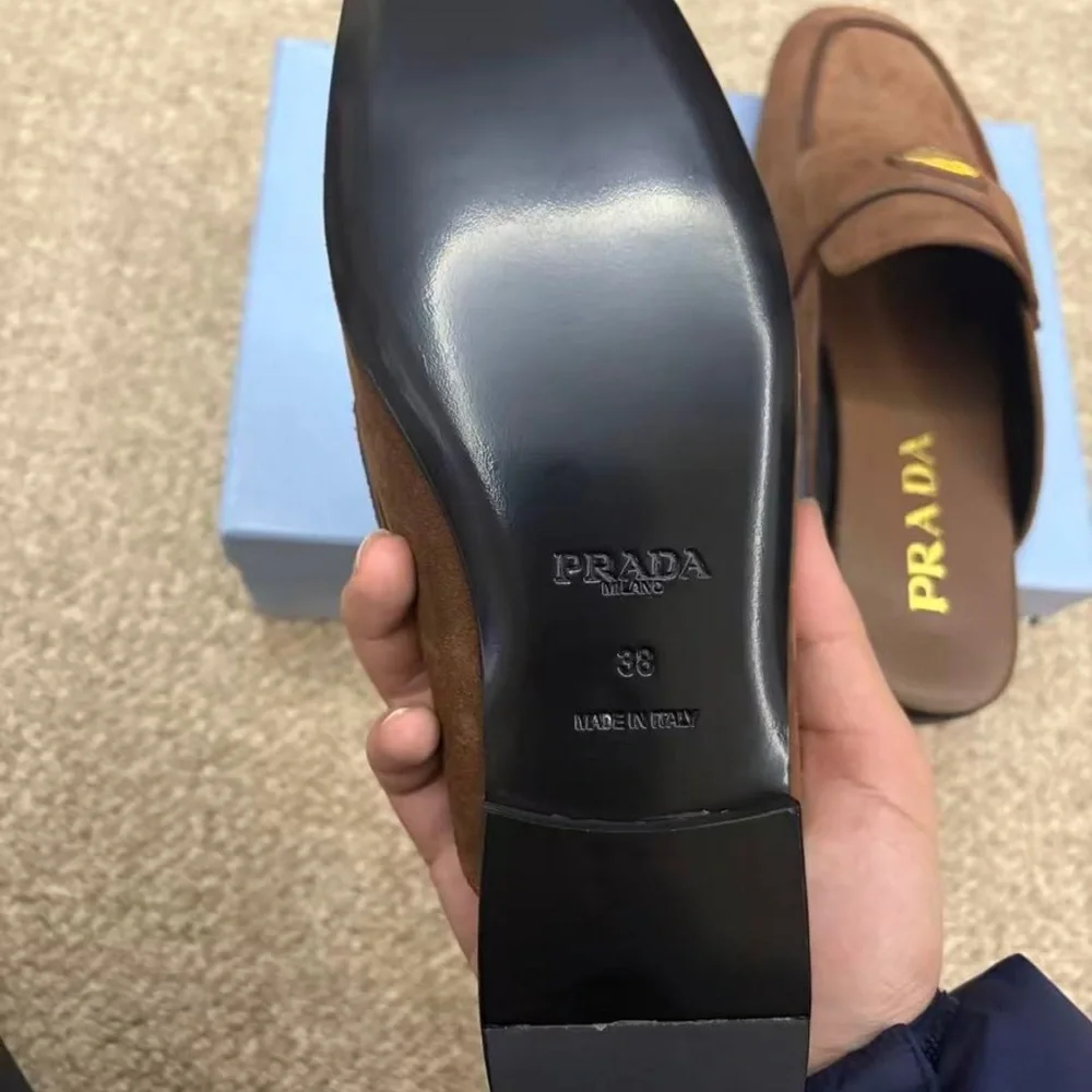 Prada Brown Suede Backless Loafers with Gold Logo - Picture 7 of 9